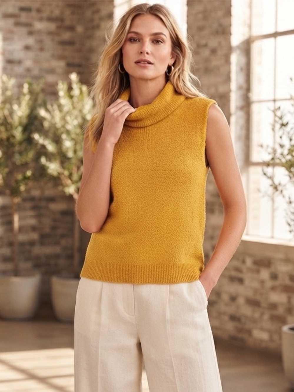 Sigrid Olsen Sleeveless Turtleneck Sweater Vest in Mustard Gold